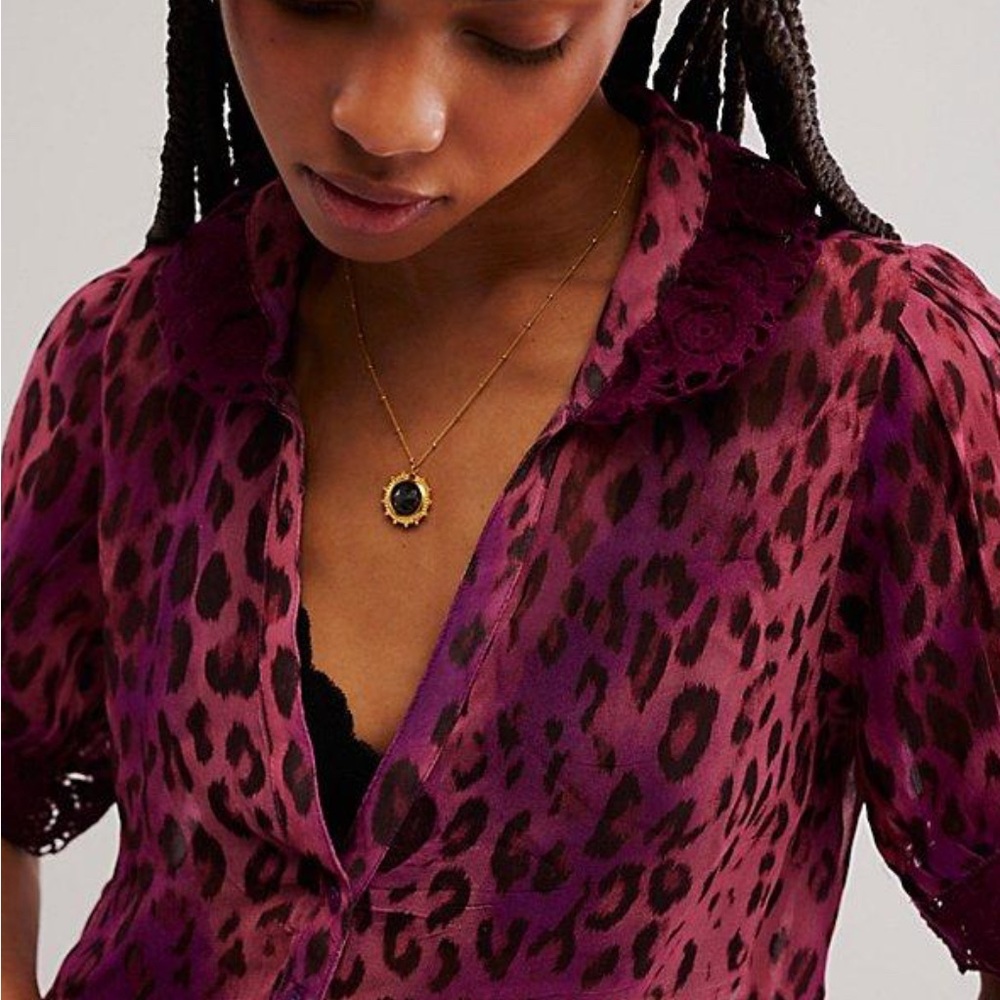Free People Plum and Black Leopard Print Blouse